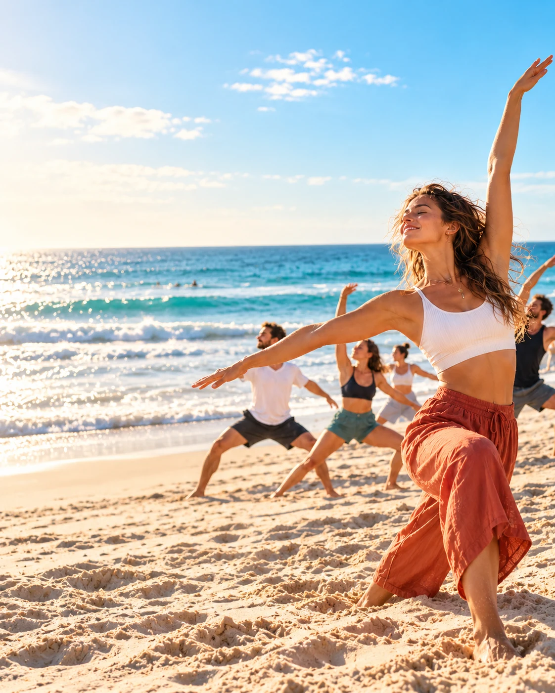 Illustrative beach yoga flow with a small group practising by the ocean.