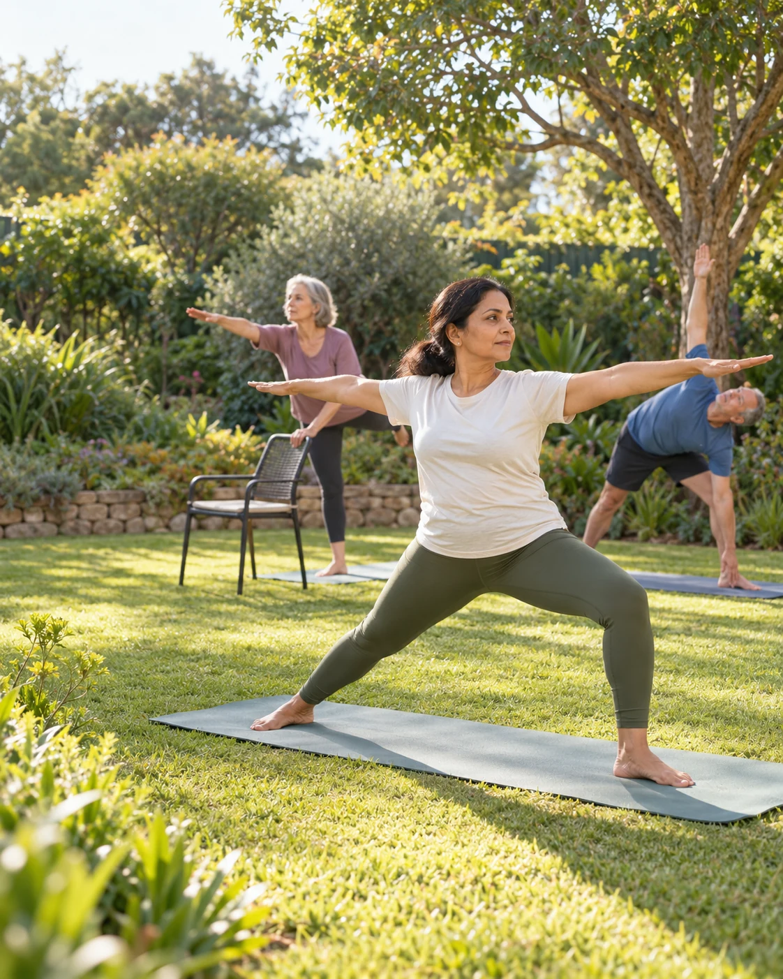 Illustrative garden yoga practice showing a standing pose with chair-supported practice in the background.
