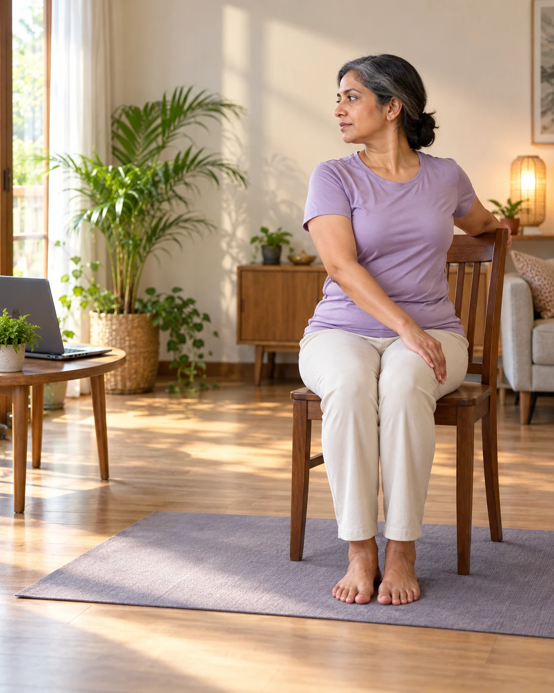 Illustrative chair yoga practice showing a supported seated spinal twist at home.